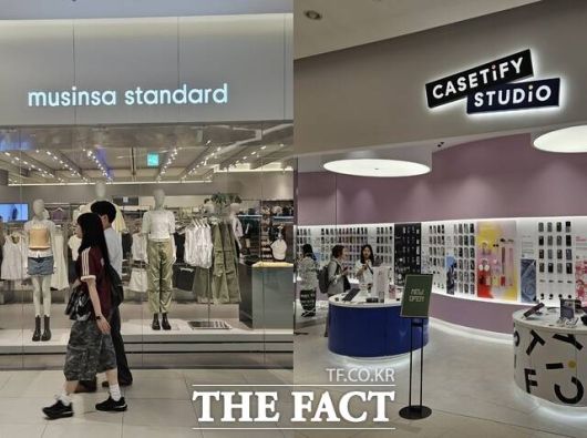 롯데쇼핑은 수원 인근 상권에 들어서지 않은 새로운 브랜드들을 '타임빌라스 수원'에 입점하고 소비자 수요를 공략하려 한다. 사진은 '타임빌라스 수원' 무신사 스탠다드(왼쪽)와 케이스티파이 매장 /수원=우지수 기자