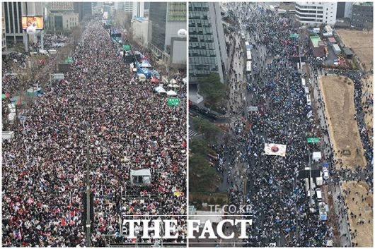 3·1절인 1일 오후 1시부터 서울 도심에서 윤석열 대통령 탄핵 찬반 대규모 집회가 열렸다. 여야 정치인들도 탄핵 찬반 집회에 참석했다. 사진은 1일 오후 서울 종로구 광화문 광장 일대에서 윤석열 대통령 탄핵 찬반 집회가 열리고 있는 모습. /박헌우 기자