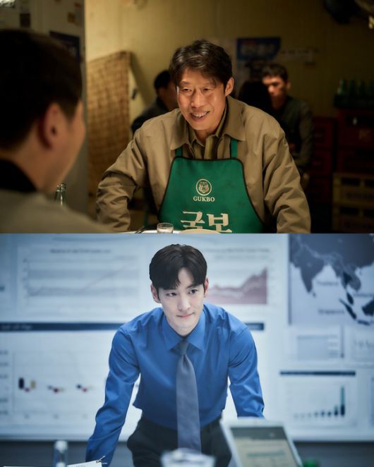 영화 '소주전쟁'에서 유해진(상단)은 국보그룹 재무이사 표종록 역을, 이제훈은 글로벌 투자사 솔퀸의 직원 최인범 역으로 분한다. /(주)쇼박스