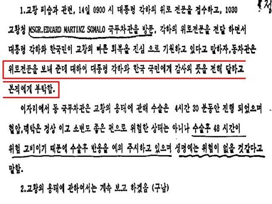 주교황청대사는 교황청 관계자에게 전두환 대통령의 위로 전문을 전달하고, 한국 국민이 교황의 빠른 회복을 기원하고 있다고 전했다. /외교부