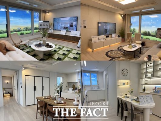 견본주택에는 59㎡B 타입과 84㎡A 유닛이 전시됐다. 왼쪽은 84㎡A 거실과 주방, 오른쪽은 59㎡B 타입 거실과 주방이다. /공미나 기자