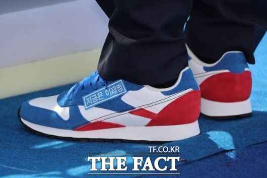 이재명 민주당 대선 후보의 운동화. 각각 민주당과 국민의힘을 상징하는 색상이 뒤섞여 있다. 신발에는 '이제부터 진짜 대한민국' '지금은 이재명' 등의 문구가 부착돼 있다. /뉴시스