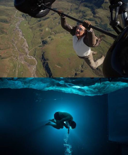 톰 크루즈는 비행기에 매달리는가 하면 맨몸으로 바다 한가운데 뛰어드는 등 이번에도 상상 그 이상의 액션 시퀀스로 단 한 순간도 눈을 뗄 수 없게 한다. /롯데엔터테인먼트