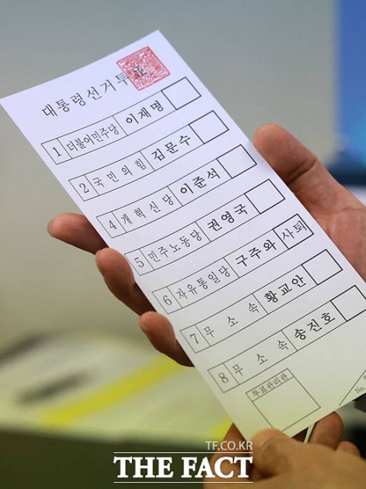 6·3 대선을 9일 앞둔 지난 25일 경기 안양시 동안구의 한 인쇄소에서 서울시 선관위 관계자가 인쇄된 제21대 대통령 선거 투표 용지를 확인하고 있다. /임영무 기자