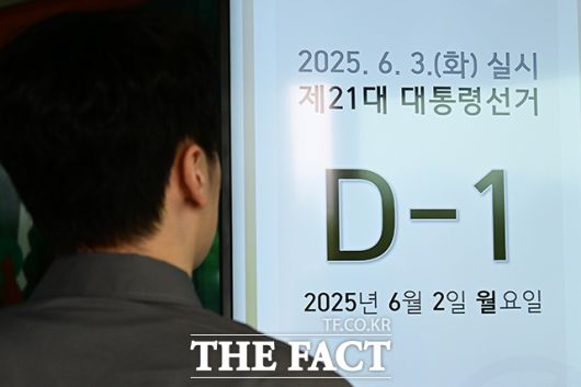 2일 경찰에 따르면 경찰청은 오는 3일 오전 6시 전국에 갑호비상을 발령하고 비상근무에 들어간다. 서울경찰청은 대통령 취임식이 끝난 후 집무실에 도착하는 4일까지 갑호비상을 유지할 방침이다. 사진은 제21대 대통령선거를 하루 앞둔 2일 경기도 과천시 중앙선거관리위원회 현황판에 '대선 D-1' 안내 문구가 표시돼 있는 모습./남윤호 기자