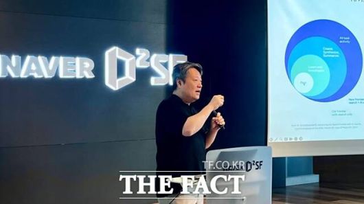 김상범 네이버 검색플랫폼 리더가 12일 오전 서울 서초구 네이버 D2SF 사옥에서 열린 기자간담회에서 네이버 검색 진화 전략을 설명하고 있다. /조소현 기자