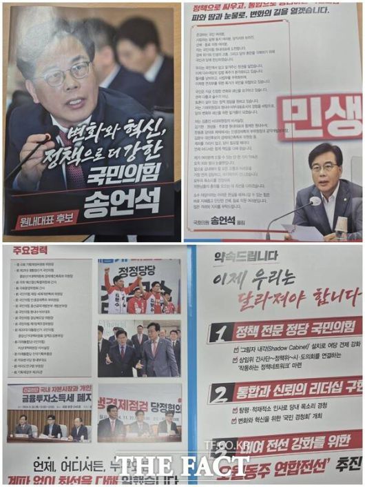 송 의원실은 송 의원의 경력과 주요 공약, 정견 등을 담은 개인 홍보물 30여 장을 제작해 의원실 일부에 배포된 것으로 확인됐다. 하지만, 이 같은 행위가 당규에 위반된다는 지적이 제기되면서 논란이 일었다. /독자 제공