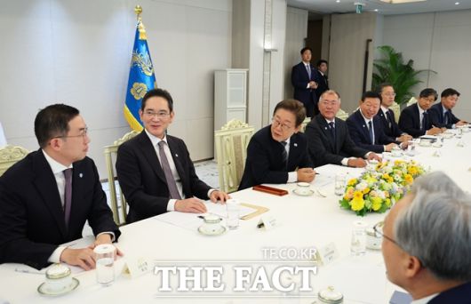 이재명 대통령이 6월 13일 오전 용산 대통령실에서 5대 그룹 총수 및 경제 6단체장과 경제인 간담회를 열고 의견을 나누고 있다. /뉴시스