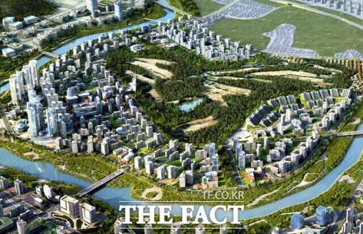 군위군은 2030년 TK신공항 개항을 목표로 인프라 구축과 도시공간 재편에 전방위로 나서고 있다. 시진은 주거, 산업, 교육, 의료 기능이 융합된 미래형 신도시 ‘스카이시티’ 조감도. 1072만여 ㎡(325만 평) 규모로 14만 명 수용을 목표로 단계별 개발이 진행되고 있다. /군위군