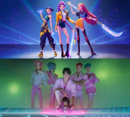 넷플릭스 애니메이션 영화 '케이팝 데몬 헌터스'에는 그룹 헌트릭스(상단)와 사자보이즈가 등장한다. /넷플릭스