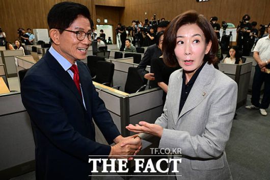 김 전 장관이 기자회견에 앞서 나경원 의원을 만나 악수하는 모습.