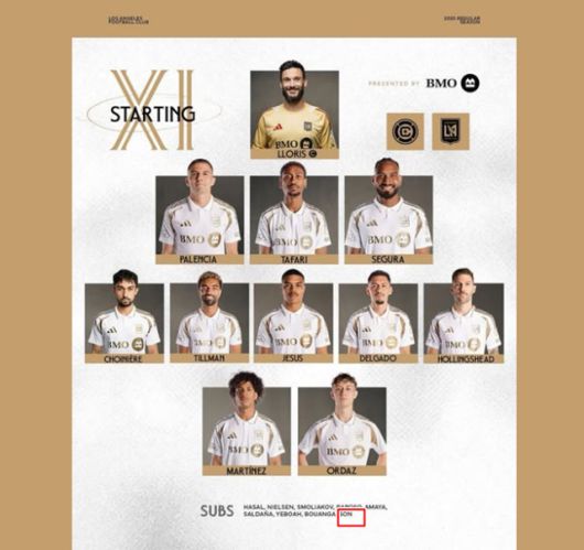 10일 LA FC의 시카고 파이어전 출전 선수 명단./LA FC