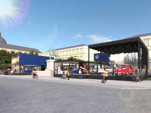 폭스바겐그룹은 '모두를 위한 모빌리티'를 슬로건으로 내걸고 도심형 전기차 패밀리를 완성할 콤팩트 SUV 콘셉트카를 공개한다. 폭스바겐의 IAA 2025 체험형 전시관 조감도. /폭스바겐그룹