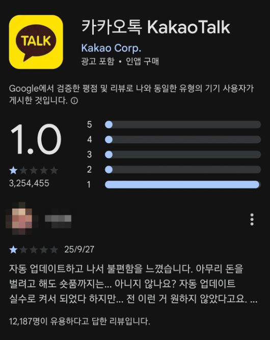 카카오톡은 지난달 단행한 친구 탭, 숏폼 탭 등 대규모 업데이트 이후 이용자들의 질타를 받으면서 앱 마켓 평점이 1점대로 추락했다. /구글 플레이스토어 갈무리
