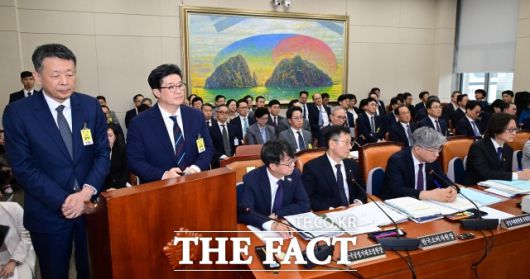 14일 오후 서울 여의도 국회 정무위원회에서 열린 공정거래위원회 등에 대한 국정감사에 김광일 MBK파트너스 부회장(앞줄 왼쪽부터, 김병주 MBK 파트너스 회장이 증인석에 자리해 의워들의 질의를 듣고 있다. /남윤호 기자