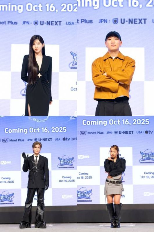 Mnet '언프리티 랩스타 : 힙팝 프린세스'의 메인 프로듀서로 발탁된 소연 개코 리에하타 이와타 타카노리(왼쪽 위부터 시계방향)가 15일 서울 강남구 엘리에나 호텔에서 열린 제작발표회에 참석해 포즈를 취하고 있다./Mnet