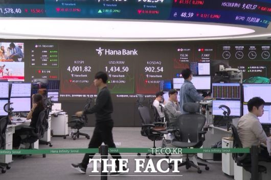 코스피 하락 출발한 28일 오전 서울 중구 하나은행 딜링룸 전광판에 지수가 표시되고 있다. /서울 중구=김민지 기자