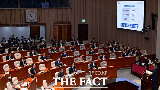 조정훈 국민의힘 의원(오른쪽)이 10일 오전 서울 여의도 국회에서 열린 예산결산특별위원회 전체회의에서 10·15 부동산 대책 문제점을 지적하며 "무주택자인 국무위원은 손을 들어 달라"고 요청하고 있다. /국회=남윤호 기자