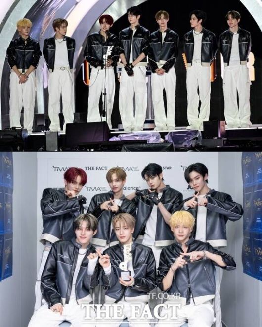 그룹 클로즈 유어 아이즈는 9월 20일 '마카오 아웃도어 퍼포먼스 베뉴'에서 열린 '2025 더팩트 뮤직 어워즈'에서 핫티스트 부문을 수상했다. 사진은 수상이 확정된 후 소감을 말하는 모습(위)과 사후 인터뷰에서 포즈를 취하고 있는 모습이다./임영무 기자 박헌우 기자