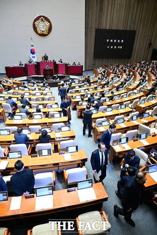 나경원 의원의 무제한 토론 개시에 일부 여당 의원들이 자리를 뜨고 있다.