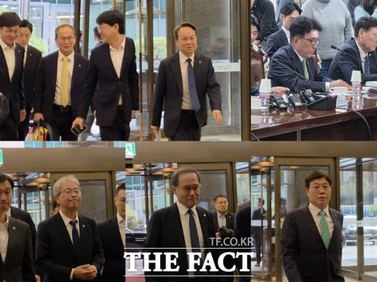 이찬진 금융감독원장은 10일 오후 서울 중구 은행연합회에서 8개 금융지주 최고경영자(CEO)와 은행연합회장을 만나 간담회를 열었다. (왼쪽부터 차례대로) 양종희 KB금융 회장, 진옥동 신한금융 회장, 함영주 하나금융 회장, 임종룡 우리금융 회장, 이찬우 농협금융 회장, 황병우 iM금융 회장이 간담회 참석을 위해 이동하고 있다. /이선영 기자