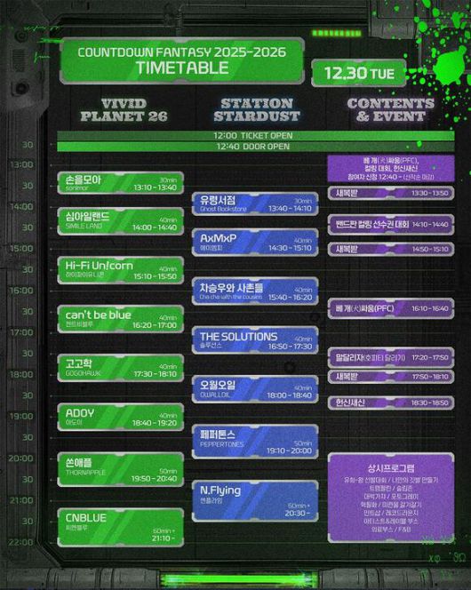 2025년 마지막 페스티벌 '카운트다운 판타지 2025/2026'이 타임테이블을 공개했다. 30일 공연에는 밴드 씨엔블루와 엔플라잉이 헤드라이너로 나선다./엠피엠지뮤직