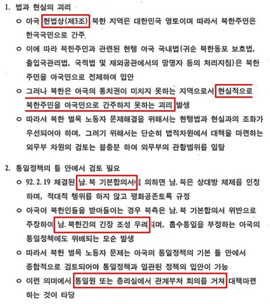 외무부는 북한 노동자들의 귀순 문제가 헌법 3조와 남북기본합의서와 맞닿아 있다며 통일원, 총리실 등 관계 부처 차원의 대책 마련이 타당하다고 밝혔다. /외교부