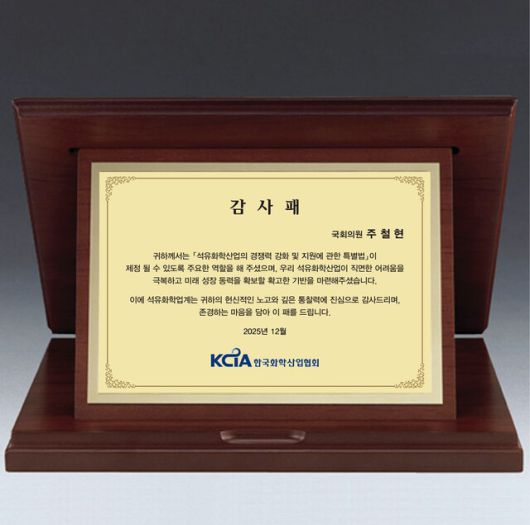 주철현 국회의원이 22일 국회 의원회관에서 한국화학산업협회로부터 석유화학특별법 제정 공로로 수여받은 감사패 모습 /주철현 의원실