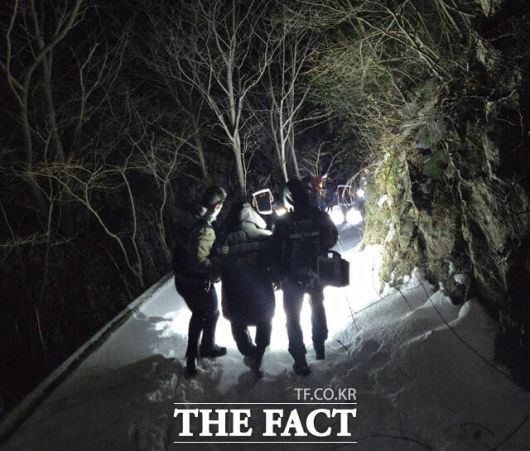 포항남부소방서 울릉119안전센터 구조대가 산 중턱에 쓰러진 70대 남성을 구조하고 있다. /포항남부소방서 울릉119안전센터