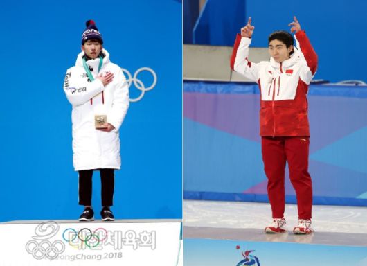 왼쪽은 2018년 평창 동계올림픽에서 금메달을 딴 후 시상대에 오른 임효준. 오른쪽은 2025년 2월 하얼빈 동계 아시안게임에서 우승한 린샤오쥔. 두 개의 이름을 가진 그는 최근 2026 동계올림픽을 홍보하는 중국 CCTV의 영상에 등장할 정도로 실력을 인정받고 있다. /대한체육회 뉴시스