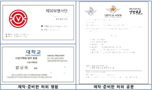 합수부 수사 결과 이들은 식당과 약국, 페인트 업체 등을 범행 대상 집단으로 삼은 뒤 명함과 '물품구매 승인 공문' 등 허위 서류를 제작했다. 이후 피해금이 입금되면 이를 축하하는 '입금 축하방'도 운영한 것으로 나타났다. /서울동부지검