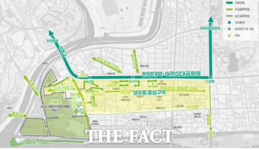 올해 정원박람회 개최지는 서울 내 총 71만㎡ 규모로, △서울숲 48만㎡ △성수동 일대(선형가든) 3만㎡ △매헌시민의숲 18만㎡ △뚝섬한강정원(리버뷰가든) 2만㎡에서 운영된다. 2026서울국제정원박람회 전체 계획도. /서울시
