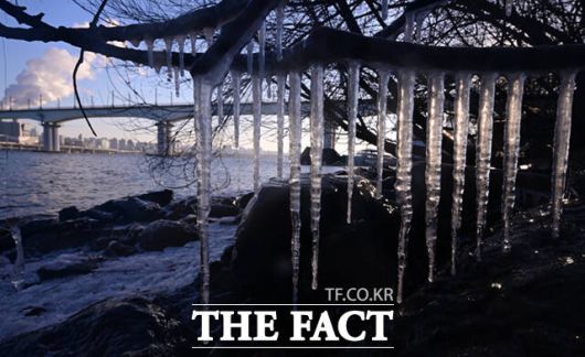 전국적으로 한파특보가 이어지는 가운데 21일 서울 여의도 한강변에 고드름이 얼어있다.