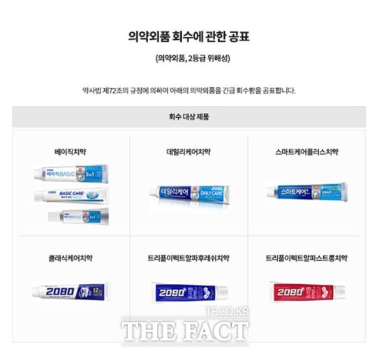 회수 제품은 2080베이직치약, 2080데일리케어치약, 2080스마트케어플러스치약, 2080클래식케어치약, 2080트리플이펙트알파후레쉬치약, 2080트리플이펙트알파스트롱치약 등 총 6종이다. /애경산업 홈페이지 캡처