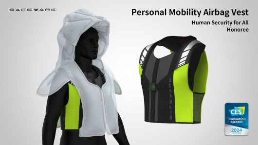 휴먼 세이프티 솔루션 기업 세이프웨어가 퍼스널 모빌리티 에어백 베스트(vest)로 휴먼 안전 제품 부문에서 수상했다.