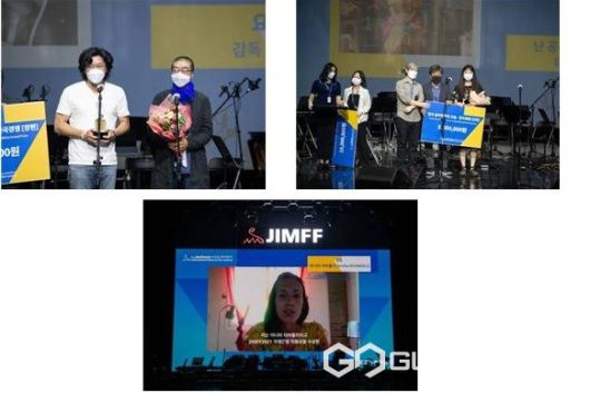 (좌측부터 ‘한국 음악영화의 오늘 – 한국경쟁’ 작품상 장편 부문 <요선> 장권호 감독, 유민규, ‘한국 음악영화의 오늘 – 한국경쟁’ 작품상 단편 <난 공주, 이건 취미> 정지운 감독, ‘세계 음악영화의 흐름 – 국제경쟁’ 작품상, <천 명의 락커, 하나의 밴드> 아니타 리바롤리 감독