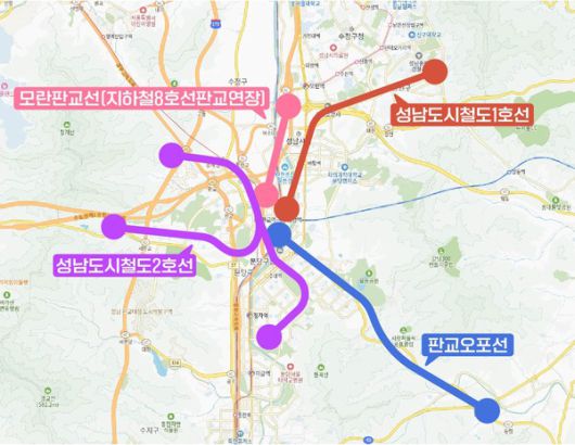 ▲지하철 8호선 모란~판교 연장과 판교~오포 철도사업, 성남도시철도(트램) 1·2호선이 경기도 도시철도망 구축계획도 <성남시 제공>