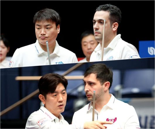 우리금융캐피탈 강민구-사파타와 크라운해태의 김재근-마르티네스 콤비/@PBA