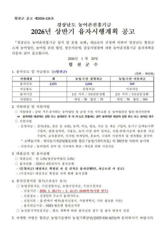 합천군 2026년 경상남도 농어촌진흥기금 융자시행계획
