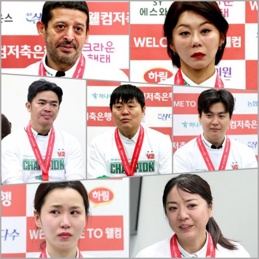 ‘웰컴저축은행 PBA 팀리그 2025-2026 포스트시즌 파이널’ 챔피언 하나카드 선수들. 초클루, 김가영, 신정주 주장 김병호, Q.응우옌, 김진아, 사카이(사진 위 좌측부터 S자 방향)/PBA 편집 이정주 기자