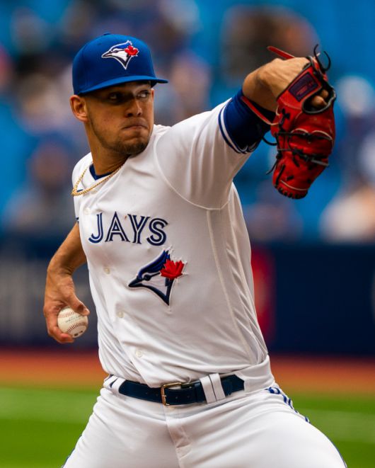 2일(한국 시간) 토론토 블루제이스 유니폼을 입고 데뷔전에서 6이닝 7삼진 무실점의 쾌투를 한 호세 베리오스.토론토(캐나다)|USA TODAY Sports연합뉴스