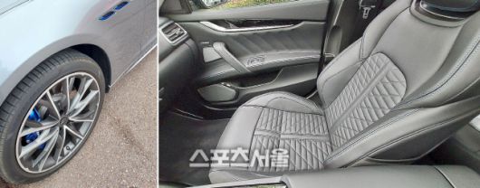 마세라티 기블리 GT 하이브리드의 콘셉트는 파란색이다. 브렘보 브레이크 캘리퍼의 블루 컬러 적용(왼쪽). 시트에도 파란색 스티치가 가득하다.