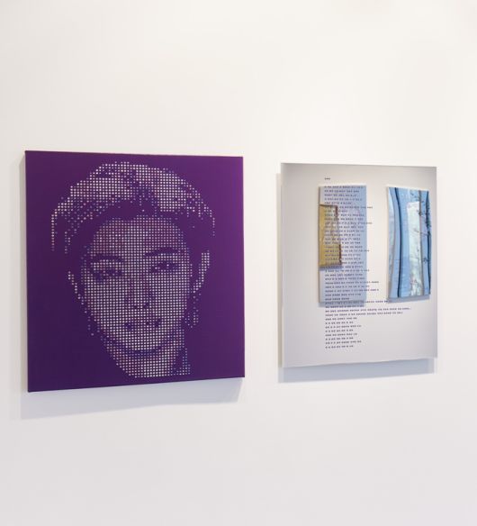 이동재, Icon_RM(왼쪽), 캔버스에 아크릴릭, 크리스털, 53x45.5㎝, 2023. Voice_목소리(오른쪽), 스테인레스 패널 위에 크리스털, 50x40㎝, 2023. 사진 | 페이토갤러리