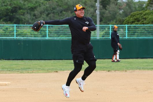 류현진이 지난달 25일 일본 오키나와현 고친다 구장에서 열린 한화 이글스 2차 스프링캠프에서 밝은 표정으로 훈련하고 있다. 사진 | 연합뉴스