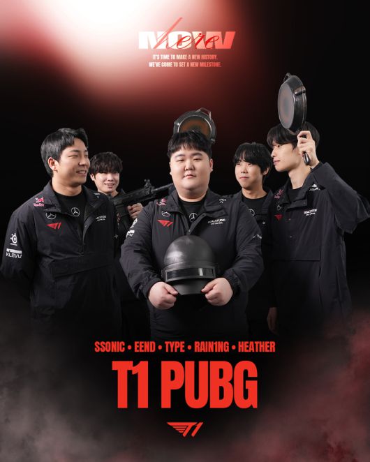 2025년 T1 배틀그라운드팀의 ‘신쏘닉’ 신명관 감독, ‘이엔드’ 노태영, ‘타입’ 이진우, ‘레이닝’ 김종명, ‘헤더’ 차지훈. 출처 | T1 SNS