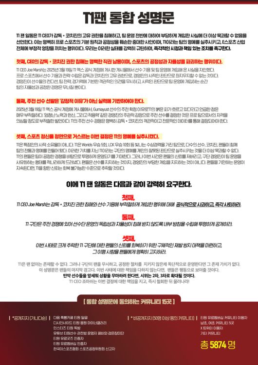 23일 5874명의 T1 팬들이 조 마쉬 CEO 사퇴를 촉구하며 낸 성명서. 출처 | T1 팬 제보