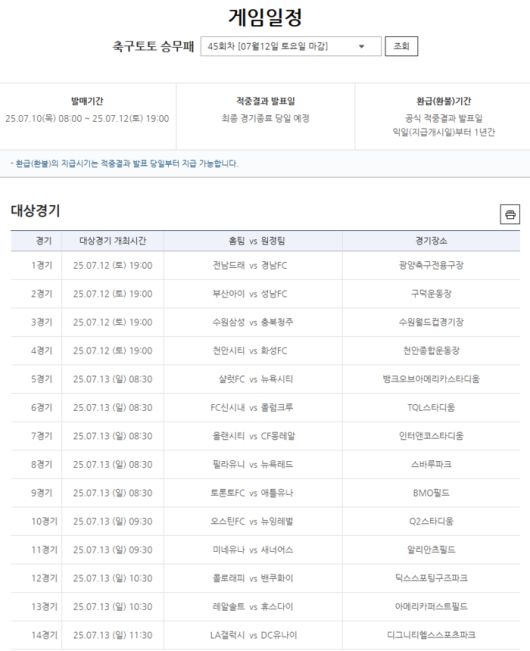 축구 토토 승무패 45회차 대상경기. 사진 | 스포츠토토코리아