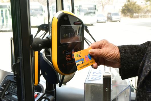 어르신 무료 교통카드 이용 모습.  사진|속초시청