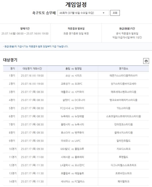 축구토토 승무패 46회차 대상경기. 사진 | 한국스포츠레저