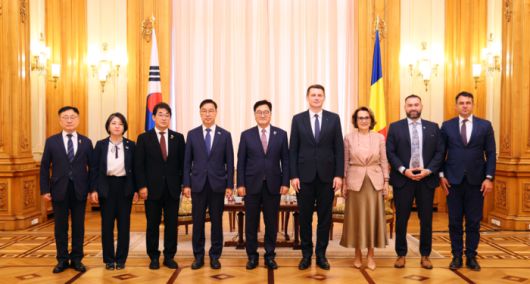 우원식 의장이 미르체아 아브루데안 상원의장 면담 배석자들과 기념사진을 촬영하고 있다. (좌측부터 이광희 국회의원, 용혜인 국회의원, 배준영 국회의원, 위성곤 국회의원, 우원식 국회의장, 미르체아 아브루데안 상원의장, 니콜레타 파울라우크 상원 국방위원장, 크리스티안 니쿨레스쿠 츠글라쉬 상원 문화위원장, 슈테판 펄러리에 루마니아구국연합(USR) 상원 원내대표) 사진 | 의장 공보수석실